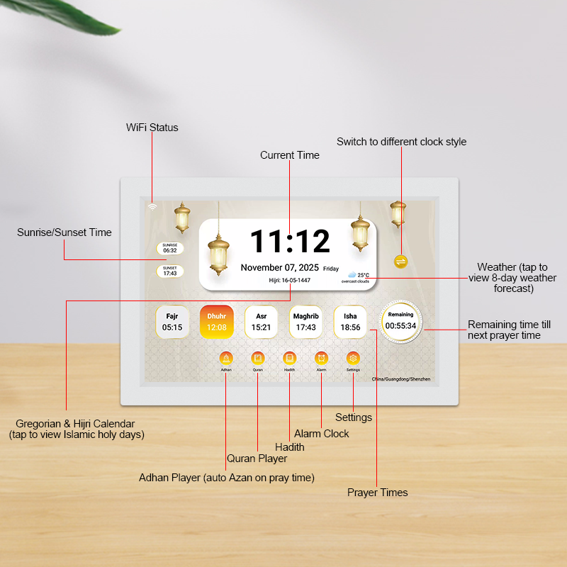 WiFi Azan Gebetsuhr 10 Zoll – Weiß